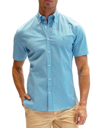 Tailorbyrd Gingham Short Sleeve Stretch Cotton Button-down Shirt - Blue