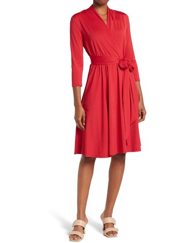 Love By Design Prescott Three-quarter Sleeve Faux Wrap Dress - Red
