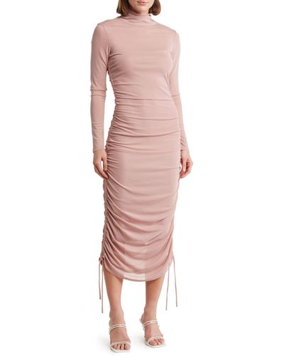Wayf Ruched Mock Neck Long Sleeve Midi Dress - Pink
