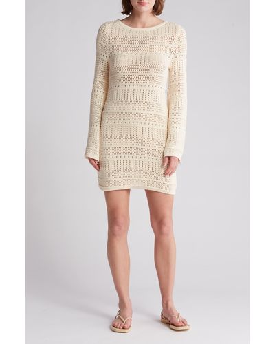 Lush Long Sleeve Cotton Crochet Minidress - Natural