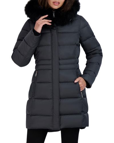 Tahari Dana Puffer Coat With Faux Fur Trim - Black