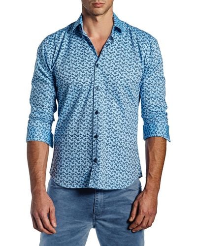 Jared Lang Trim Fit Floral Long Sleeve Button-up Cotton Shirt - Blue