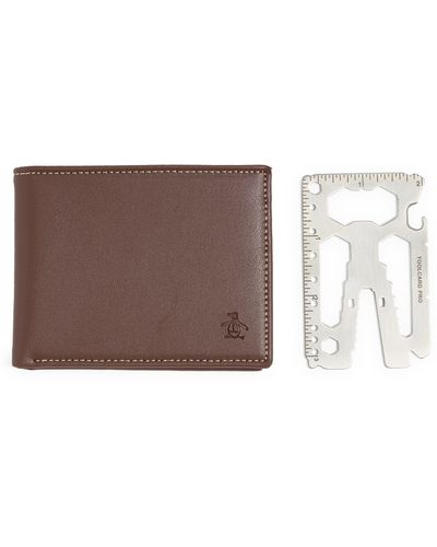 Original Penguin Leather Wallet & Card Tool Set - Brown