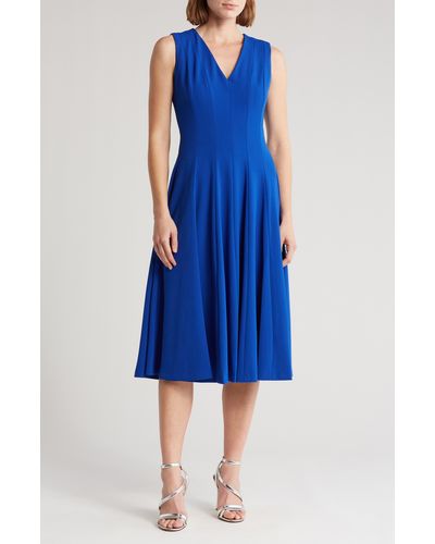 Calvin Klein V-neck Seamed Fit & Flare Midi Dress - Blue