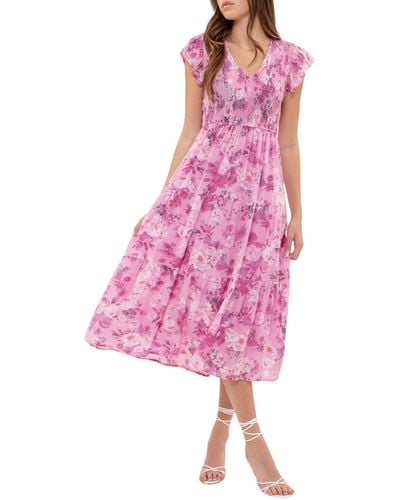 Blu Pepper Floral Flutter Sleeve Midi Dress - Pink