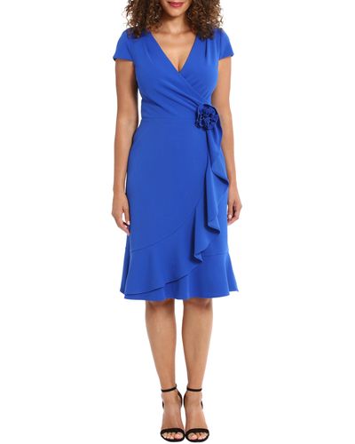 London Times Rosette Ruffle Cap Sleeve A-line Dress - Blue