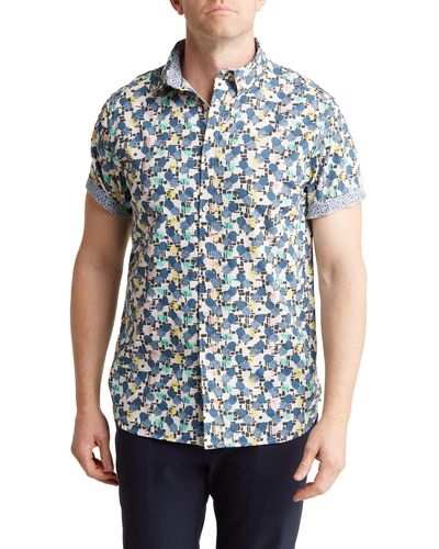 T.R. Premium Pineapple Short Sleeve Cotton Button-up Shirt - Blue