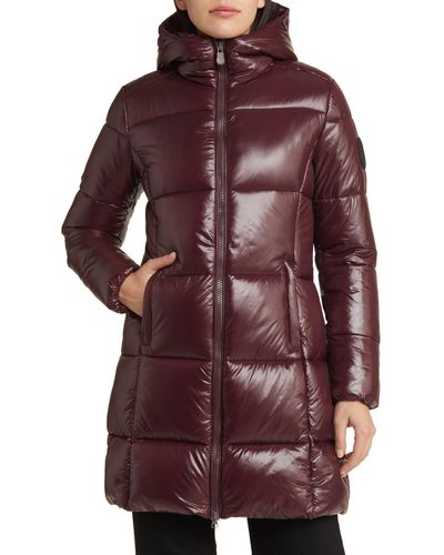 Save The Duck Ines Water Repellent Hooded Quilted Longline Coat - Red