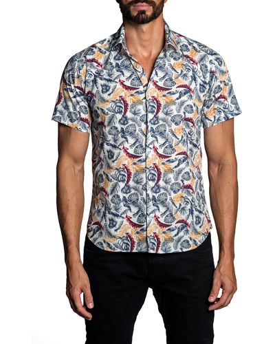 Jared Lang Trim Fit Tropical Leaf Print Short Sleeve Button-up Shirt - Blue