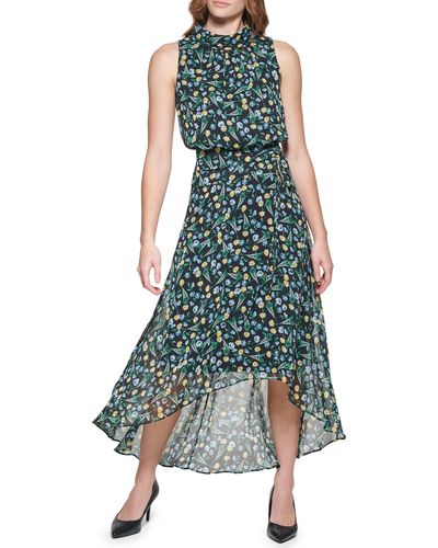 Karl Lagerfeld Floral Sleeveless Chiffon High-low Dress - Green