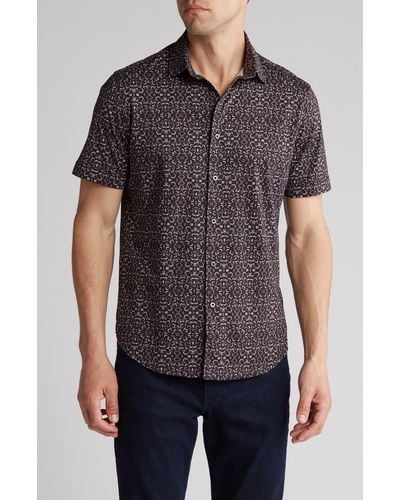 Bugatchi Ooohcotton® Geo Print Short Sleeve Button-up Shirt - Gray