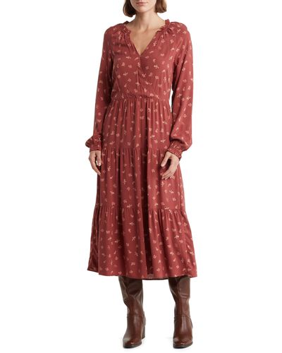 Lucky Brand Chalis Long Sleeve Maxi Dress - Red