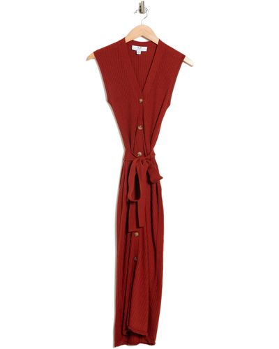 Magaschoni Rib Belted Waist Dress In Red Maple At Nordstrom Rack