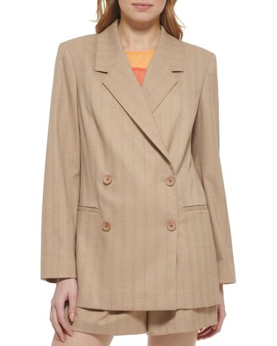 DKNY Plaid Double Breasted Blazer - Natural