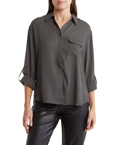 Pleione Solid Long Sleeve Utility Blouse - Gray
