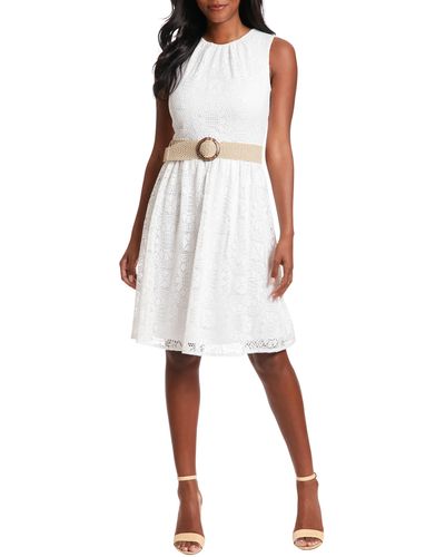 London Times Lace Sleeveless Belted Fit & Flare Dress - Natural
