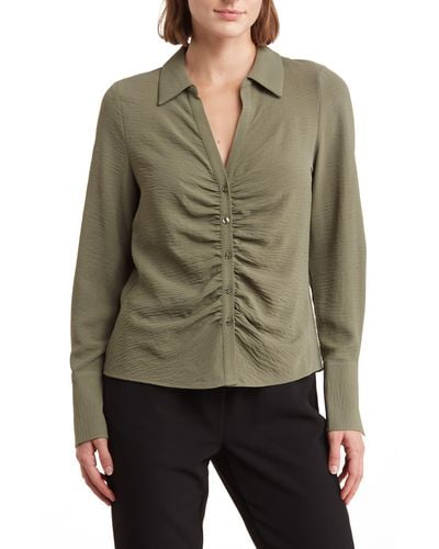 Laundry by Shelli Segal Ruched Long Sleeve Button Front Top - Green