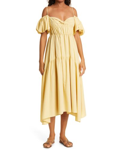 Vince Cold Shoulder Puff Sleeve Cotton Dress - Yellow