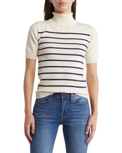Vigoss Stripe Short Sleeve Cotton Turtleneck Sweater - Blue