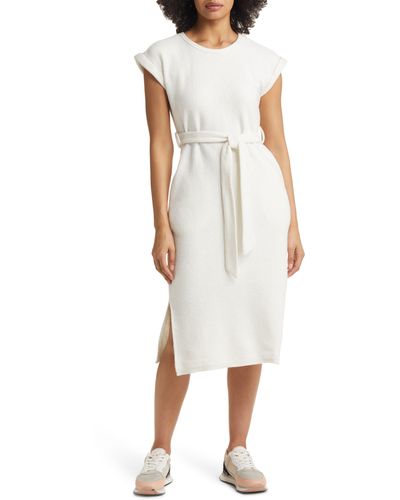 Caslon Caslon(r) Textured Knit Tie Waist Cotton Blend Midi Dress - White