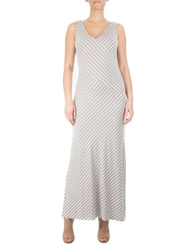 Nina Leonard V-neck Stripe Maxi Dress - White
