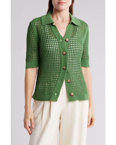 Design History Crochet Short Sleeve Button-up Sweater - Green