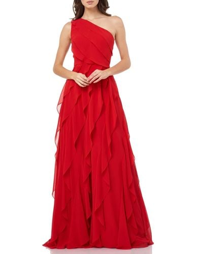Carmen Marc Valvo Women's One-shoulder Asymmetric Tiered Evening Gown - Cherry - Size 14