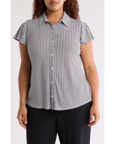Adrianna Papell Flutter Sleeve Button-up Shirt - Gray