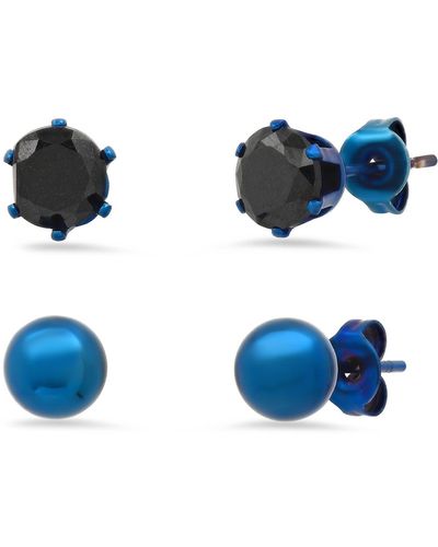 HMY Jewelry Blue Ip Stainless Steel Ball & Black Simulated Diamond Stud Earrings Set