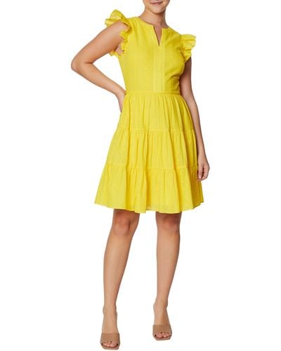 Laundry by Shelli Segal Tiered Flutter Sleeve Cotton Dress - Yellow