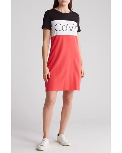 Calvin Klein Colorblock Logo T-shirt Dress - Red