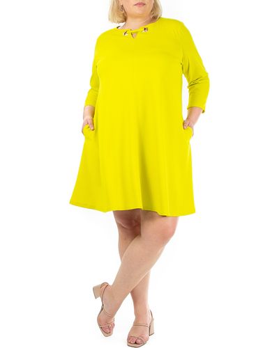 Nina Leonard Three-quarter Sleeve Trapeze Dress - Yellow