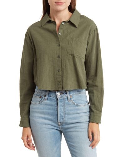 Lush Long Sleeve Crop Button-up Shirt - Green
