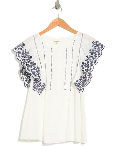 Max Studio Embroidered Flutter Sleeve Blouse In White/navy Floral Line At Nordstrom Rack