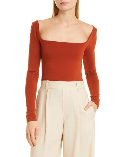 Vince Square Neck Long Sleeve Stretch Cotton Knit Top - Red