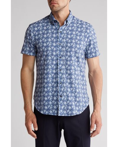 Con.struct Slim Fit Floral Four-way Stretch Performance Short Sleeve Button-down Shirt - Blue