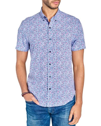 Con.struct Slim Fit Abstract Floral Four-way Stretch Performance Short Sleeve Button-down Shirt - Blue