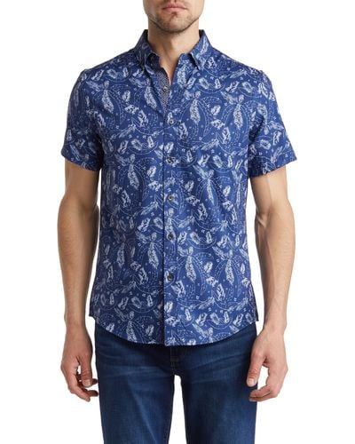 Report Collection Leaf Short Sleeve Button-down Shirt - Blue