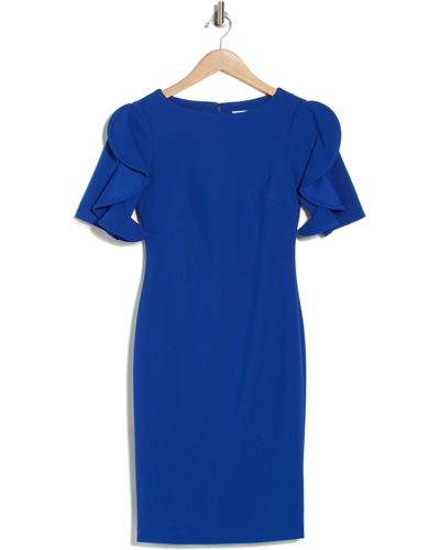 Calvin Klein Ruffle Sleeve Scuba Crepe Sheath Dress - Blue