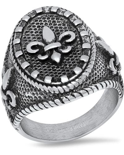 HMY Jewelry Stainless Steel Oxidized Fleur De Lis Statement Ring - Gray