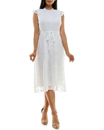 Nina Leonard Mock Neck Flutter Sleeve Midi Dress - White