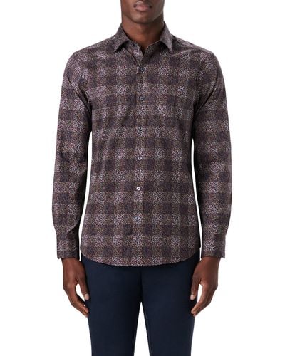 Bugatchi Shaped Fit Geometric Print Stretch Cotton Button-up Shirt - Brown