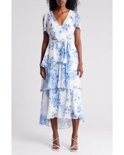 Calvin Klein Floral Short Sleeve Tiered Chiffon Maxi Dress - Blue