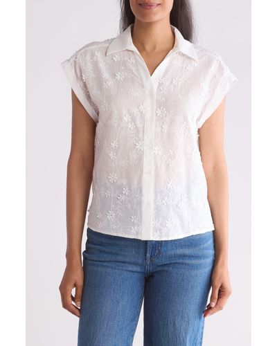 Adrianna Papell Embroidered Cotton Camp Shirt - White