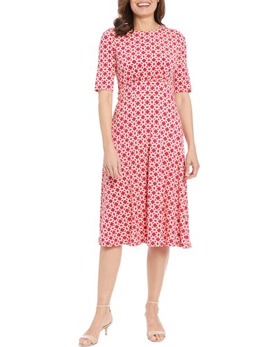 London Times Geo Print Elbow Sleeve Fit & Flare Dress - Pink