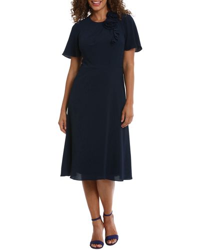 London Times Rosette Flutter Sleeve Fit & Flare Dress - Blue