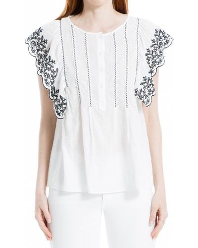 Max Studio Embroidered Flutter Sleeve Blouse - White