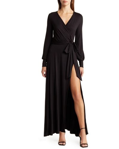 Go Couture Surplice Neck Long Sleeve Knit Maxi Dress - Black