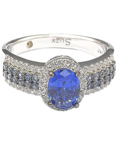 Suzy Levian Sterling Silver Oval Sapphire & Pavé Sapphire Anniversary Ring - Blue