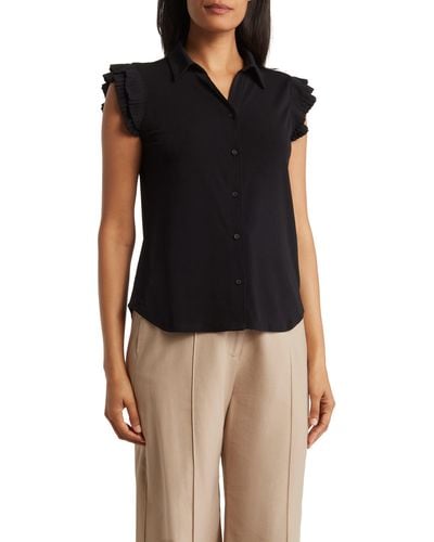 Adrianna Papell Pleated Cap Sleeve Button-up Shirt - Black